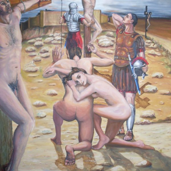 Adam and Eve Return to the Kingdom. W.36” H.49” D.1” Oil on canvas. £3000.
The image shows Adam and Eve in their Eden clothes at the feet of Christ knowing that this is the only way back to the Kingdom. The repentant criminal is in the foreground clearly distressed but soon to be in paradise. The unrepentant criminal is in the background about to be consumed by the darkness. The Roman officer is the first gentile convert as he realises that as Jesus dies he must be the Son of God.