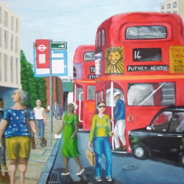 London buses. W.20” H.16” D.1” Oil on canvas. Framed. £500.